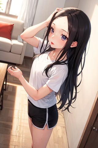 (masterpiece), best quality, 1girl, black hair, long hair, forehead, shirt, short sleeve, sweat shorts, standing, living room, [fisheye lens:: 3]