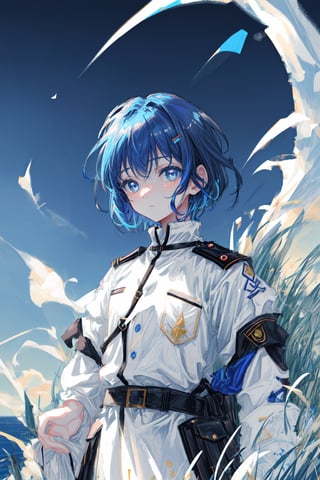 masterpiece, best quality, high quality, high_res, ultra-detailed, illustration, upper body, straight on, face focus, 1girl, blue hair, blue eyes, short hair, serene expression, looking at viewer, military_uniform, grass, night sky, scenery, line anime