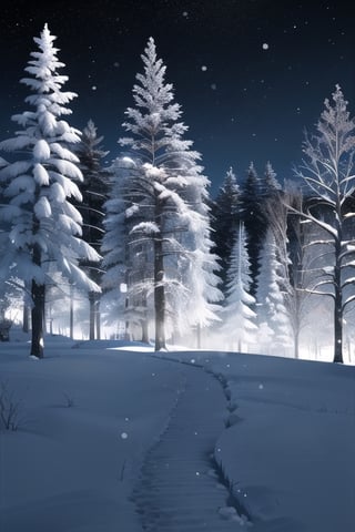 snow, forest, dark background, night, nighttime, ghibli style