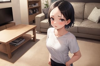 (masterpiece), best quality, 1girl, black hair, short hair, forehead, shirt, short sleeve, sweat shorts, standing, living room, medium shot