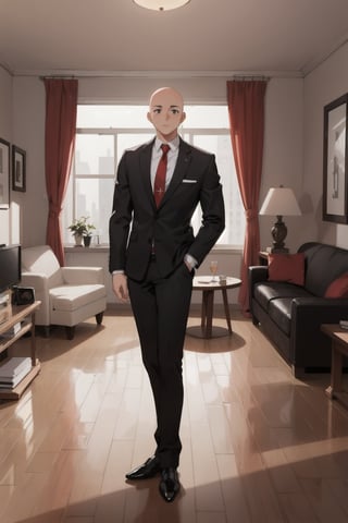 1boy, mature male, slim, bald, forehead, black jacket, red necktie, white shirt, black skinny pants, formal shoes, standing, living room, indoor, [fisheye lens:: 1], from front, [2D: 11]