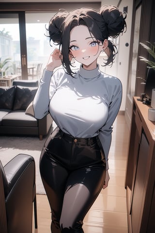 1girl, mature woman, white eyes, double bun, forehead, smile, standing, living room, indoor, [fisheye lens:: 1], from front, [2D: 11], [flat colors: 17], masterpiece, best quality, absurdres, very aesthetic, newest, General