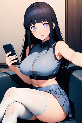 1girl, solo, long hair, breasts, skirt, large breasts, thighhighs, holding, perl eyes, sitting, thighs, black hair, pleated skirt, indoors, white thighhighs, blue skirt, crop top, phone, crossed legs, cellphone, smartphone, holding phone, sports bra, selfie,portrait,illustration,hinata (shippuden)