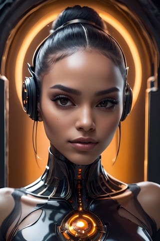 there is a digital image of a beautiful African American woman with orange balls in her hair, portrait of a female android, an image of a beautiful cyborg, portrait of female android, intricate transhuman, cybernetic machine female face, portrait of female humanoid, portrait of a futuristic robot, cyborg - girl, beautiful cyberpunk girl face, integrated synthetic android, cyborg woman, in the style of realistic hyper-detailed portraits, flawless line work, airbrush art, harlem renaissance, beautiful Black women, limited color range
 Dark Gold tribal face with Tribal on it, in the style of futuristic space elements Scorn glamour, animated gifs, stefan gesell, algorithmic artistry, android jones, tim hildebrandt, pop art with a dark sine of the moon Scorn Hr Giger 