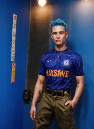 thin rockstar man, handsome, Gen X soft Club, old skool, 1990s, 1guy, tattoos, vibes, hot, sports jersey, jnco cargo pants, studded belt, photography, flash, blue hair, detailed, HD, realistic, full lighting, looking at the viewer, European male, futuristic, teenage spirit