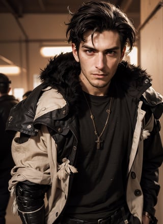 image of a thin punk man in a middle of an apocalypse, retro, post-apocalyptic, messy_hair, stubble, steampunk clothes, dark fantasy, sleazy, defined jawline, very crooked nose, mature, manly, old skool, cybercore, HQ, 8k, realistic, photorealistic, cinematic lighting, moving, emotional, very original, new, newest, very creative, male focus, post-apocalypic_fashion, absurd res, perspective, detailed background, background blur, focus, handsome male, Gen X Club,post-apocalypic_fashion