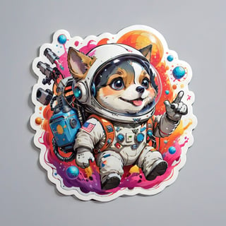 (highly detailed, masterpiece, best quality,highres:1.3), sticker bomb, flat vector, mascot design, character design, cartoon, ((happy face)),breed_dog, astronaut, chibi, Leonardo Style, sticker, graffiti art, street art, "loser hand sign", showing oxygen tank, realistic art, dirty space suit, floating, sticker, "floating in space", outer_space, "colorful_spacesuit", "splash color background", invader, ((villainous)),pturbo