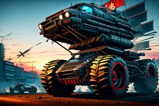 A 6-wheel off-road Formula 1 car on large off-road wheels with a lifted suspension rides along a post-apocalyptic Formula 1 track among mangled and broken rusty cars, a machine gun is installed on the hood of the car, a massive protective plate like a shell hurts at the back,car,vehicle,science fiction,DonMN1gh7XL ,DonM8u663d,shinobitech