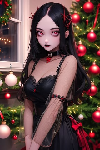 1girl, solo, long hair, looking at viewer, black hair, long sleeves, dress, closed mouth, indoors, pink eyes, black dress, massive dog collar, transparent clothes, large mesh in clothes, from front, window, glowing, christmas, christmas tree, gothic, christmas ornaments, black lips