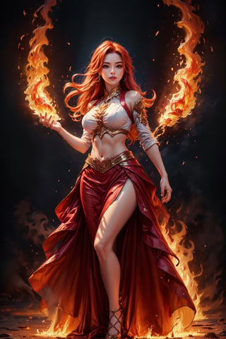 (masterpiece, high quality:1.5), (8K, HDR), masterpiece, best quality, 1girl, long red hair, red and white Long skirt, solo, full_body, blazing light blue fire  background, FuturEvoLabFlame, 