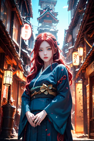 a Japanese ninja aqua-spirit--girl, long red hair, high quality, high resolution, high precision, realism, color correction, proper lighting settings, harmonious composition.