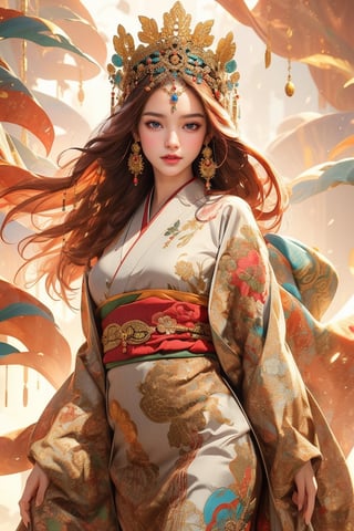 busty and sexy girl, 8k, masterpiece, ultra-realistic, best quality, high resolution, high definition, Long red hair,  The figure wears an FLOWER headdress adorned with gold accents and pearls. LOW-CUT, FLOWER PATTERN KIMONO. Gold embroidery and gemstones create a sense of luxury. The fabric drapes elegantly, suggesting a flowing robe or gown. The overall color palette—rich golds and glowing whites. COLORFUL SMOKE BACKGROUND.