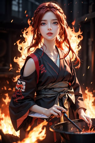a Japanese ninja girl, long red fire hair, high quality, high resolution, high precision, realism, color correction, proper lighting settings, harmonious composition