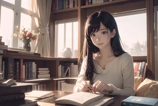 masterpiece, best quality, detailed background:1.8, 8k wallpaper, amazing beauty, detailed characters, nice hands, perfect hands, 1girl, ghibli studio style,ghibli style, cozy, butterflies, a soft smile, High detailed, modern design,

bookshelves, study table, window, sheer curtain, coffee, 
spring, positive things related to spring. evening, 

The room around her is adorned with warm, orange light color, and the soft afternoon light gently spills onto the pages. She's surrounded by bookshelves filled with stories, creating an enchanting atmosphere perfect for a peaceful reading session. 

girl sits on a comfortable cushion with a captivating book in her hand. Her large, expressive eyes reflect the words on the pages, and a soft smile plays on her lips as she gets lost in the world of the story.

Every book makes a perfect-shaped book. It only makes books that look horizontally.,eungirl