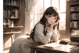 masterpiece, best quality, (detailed background:1.8), 8k wallpaper, amazing beauty, detailed characters, nice hands, perfect hands, 1girl, ghibli studio style,ghibli style, cozy, butterflies, a soft smile, High detailed, modern design,

bookshelves, study table, window, sheer curtain, coffee, 
spring, positive things related to spring. evening, 

The room around her is adorned with warm, orange light color, and the soft afternoon light gently spills onto the pages. She's surrounded by bookshelves filled with stories, creating an enchanting atmosphere perfect for a peaceful reading session. 

girl sits on a comfortable cushion with a captivating book in her hand. Her large, expressive eyes reflect the words on the pages, and a soft smile plays on her lips as she gets lost in the world of the story.

Every book makes a perfect-shaped book. It only makes books that look horizontally.