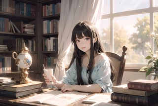 masterpiece, best quality, detailed background:1.8, 8k wallpaper, amazing beauty, detailed characters, nice hands, perfect hands, 1girl, ghibli studio style,ghibli style, cozy, butterflies, a soft smile, High detailed, modern design,

bookshelves, study table, window, sheer curtain, coffee, 
spring, positive things related to spring. evening, 

The room around her is adorned with warm, orange light color, and the soft afternoon light gently spills onto the pages. She's surrounded by bookshelves filled with stories, creating an enchanting atmosphere perfect for a peaceful reading session. 

girl sits on a comfortable cushion with a captivating book in her hand. Her large, expressive eyes reflect the words on the pages, and a soft smile plays on her lips as she gets lost in the world of the story.

Every book makes a perfect-shaped book. It only makes books that look horizontally.