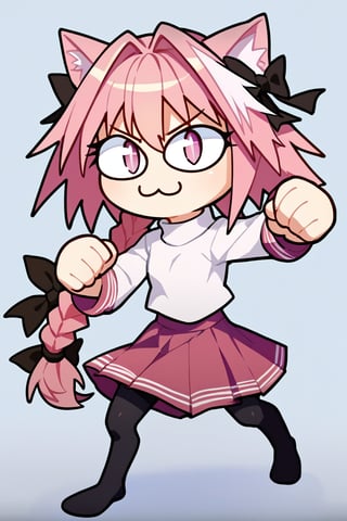 score_9, score_8_up, score_7_up, score_6_up, score_5_up, score_4_up, BREAK, 1girl, solo, necoarc, lit pupils, cat ears, (((pink hair, pink_eyes))), chibi, :3, turtleneck, fight_pose, astolfo_costume, purple skirt, pantyhose,NECOARC PINK HAIR