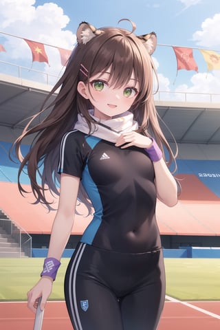 (female): solo, (perfect face), (detailed outfit), (20 years old), lovely female, (tiger ears), happy, (happy smile), (placing hand on chest), brown hair, long hair, asymmetrical hair, green eyes, pale skin, medium chest_circumference, (black jersey), (purple jersey pants), (hairpin), (wristband), (scarf) (background): from front, outdoor, (athletics stadium), (track), (bleachers), (sky), (flags), afternoon, (clear) (effects): (masterpiece), (best quality), (sharp focus), (depth of field), (high res)