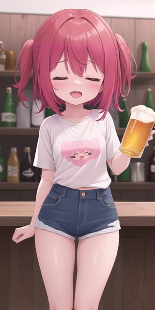 (masterpiece), (loli:1.5), red hair, small chest, small breasts,bar, hard breathing,ahegao_face, closed eyes,t-shirt,shorts, extremely detailed, perfect anatomy, standing, 8k, high res, cute, kawaii, cute girl,drink beer,drunk girl,buxom figure,large thighs,tilted head,
