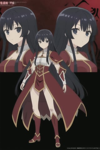 high quality, very detailed, HD,full body,anime girl with long black hair and black, and red armor, anime look of a cute girl, yumiella dolkness,anime image Villainess Level 99: I May Be the Hidden Boss but I'm Not the Demon Lord, king hino as princess, best anime girl
