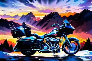 a dark gray 2001 harley Davidson Screamin' Eagle Road Glide II touring motorcycle with a Grungy Retro 1970s vibe to it, the scenery is beautiful Heaven