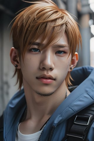 a 20 year man, handsome,  ginger long hair, blue eyes, dark theme, soothing tones, muted colors, high contrast, (natural skin texture, hyperrealism, soft light, sharp), day background, shine, (((urban techwear))), techwear:1.4,(((prompto argentum))), ffxiv:1.4, detailed_hand:1.3