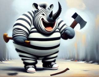 Abstract Oil Paiting. fat fluffy zebra-stripes rhino in armour smiling holding an axe during a battle while wearing white sneakers, she is shouting angrily.,MoDernart