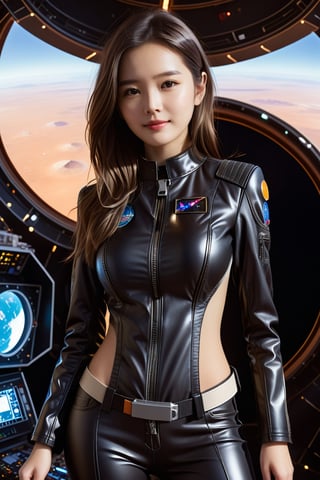 tiny_girl, 1girl,petite, skinny, Portrait Of beautiful brown haired girl wearing black leather suit with perky breasts surrounded by spacecraft on the mars, art by Mike Mayhew and Mark brooks and Ross Tran 8K Resolution,Extremely Realistic, sm,t4ni4