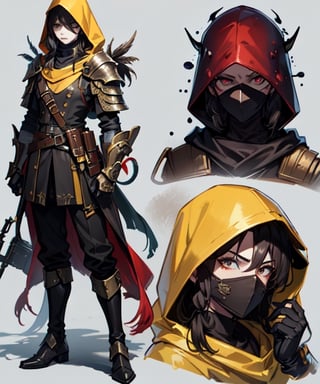 solo, 1boy, rainy background, holding, weapon, male focus, hood, holding weapon, armor, gun, helmet, gauntlets, holding gun, cloak, handgun, walking,Future,plague_doctor_mask 