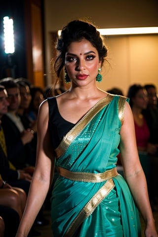 A photo of a pretty woman with long hair, bored, She wears a sleeveless sari,  a woman, perfect hair, (modern photo, Aqua Green  elegant haute couture model outfit, dress), closeup portrait, 85mm lens, (analog, cinematic, film grain:1.3), (walking on the runway), ((detailed eyes)), (epicPhoto), (color picture:1.1), jewelry, makeup, (looking at viewer)