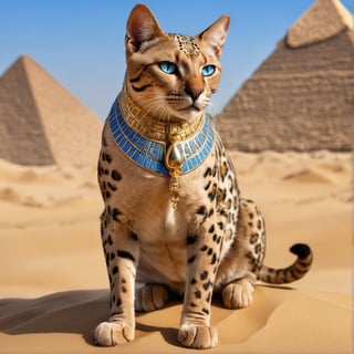 Masterpiece, best, desert,  mysterious Egyptian cat, medium short-haired cat, the cat has leopard print, long limbs, pyramid,riding  a scorpion,animals, animal photography, smooth hair, one eye is blue and one eye is yellow, very high detail,bangerooo