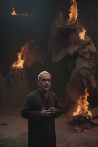 candid photo of muslim man in hell,sad face, kudos,various pose, background of happy devils and demons, by Hieronymus Bosch, Steve McCurry, by Lee Jeffries, by Jeremy Mann, undefined
,Movie Still, cinematic moviemaker style,fire that looks like...