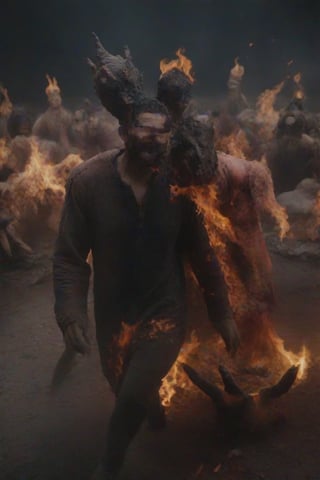 candid photo of muslim man in hell,sad face, kudos,various pose, background of happy devils and demons, by Hieronymus Bosch, Steve McCurry, by Lee Jeffries, by Jeremy Mann, undefined
,Movie Still, cinematic moviemaker style,fire that looks like...