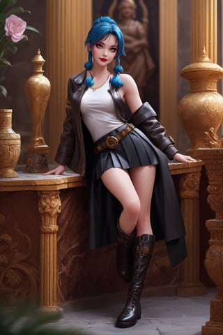 In a UHD masterpiece, with ultra-sharp details, the adventure-inspired style blends elements of anime and urban realism. | A stunning 30-year-old archaeologist showcases her elegance and boldness in an ancient Persian temple immersed in a waterfall. Wearing a dark brown leather coat, short white top, pleated black skirt, leather boots, and a black belt, her blue hair is adorned with two pigtails and a large fringe. A tattoo stands out on her right arm. Her piercing gaze stares directly at the viewer. | The scene reveals the magnificent temple with white marble structures, Persian writings, and impressive vases. On an altar, gold figurines capture the essence of ancient Persian culture. The camera, very close, highlights the protagonist adopting a dynamic pose. Leaning back with "tomb raider" style, she interacts and boldly leans on a large structure in the scene. | She is reclining in a dynamic way, providing a cinematic experience that combines adventure, style, and intrigue. | She is adopting a ((sensual pose as interacts, boldly leaning on a large structure in the scene, leaning back in a sensual way, adding a unique touch to the scene.):1.3), ((Full body)), perfect hand, fingers, hand, perfect, better\_hands, Big, More Detail.