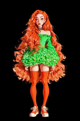 1irish girl, long hair, long curly orange hair, ball red gown, big red sneakers, massive dog collar, fishnet red stockings, parted hair, wavy hair, pale skin, light green eyes, frills, short dress, bags under eyes, Smokey eyes, orange makeup, sweaty face makeup, simle background, :3, full body, standing,highres,SAM YANG,Ballet_tutu,metal collar