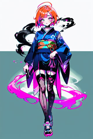 young 20-year-old Asian girl with orange bob hair in an ultra short dark blue kimono, decorated with neon pink lines and Japanese black characters, black stockings made of a wide square mesh, large pink and black sneakers, bright makeup, smoke eyes, long neck, collar, simple background, highres,fishnet pantyhose,see-through