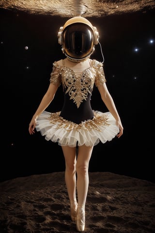 An 18-year-old young ballerina dances in space in a neon tutu and a space helmet, in space involving weightlessness, stars and Saturn behind her, slim fit physique, ballet tutu with elements of Soviet spacesuits, Soviet space paraphernalia, gloomy and dark atmosphere, retrofuturism, neon,Ballet_tutu,highres,bing_astronaut,Futuristic room,winged helmet,photorealistic