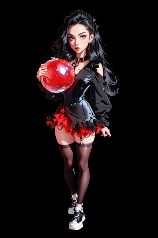 1girl, long hair, long strait black hair, ball black gown, big black sneakers, massive dog collar, fishnet black stockings, parted hair, wavy hair, pale skin, light red eyes, frills, short dress, bags under eyes, Smokey eyes, black makeup, sweaty face makeup, simle background, :3, full body, standing,highres,SAM YANG,Ballet_tutu,metal collar