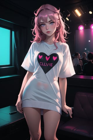  a young 18-year-old dwarf girl poses for a photographer in a nightclub, the girl is wearing only a translucent white knee-length oversized shirt, the girl has no clothes under the T-shirt, small breasts and a neat vagina are visible under the T-shirt, the nightclub is dark, neon lighting, bokeh, dim lighting, Red love hearts are used in the design of the room, cinematic lighting, volumetric lighting,Sexy Pose,excessive pubic hair,IncrsPajChal,naked sweater,Styles Pose
