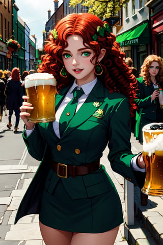 many young people in colorful suits with green shades celebrate St. Patrick's Day on the main street of the city, many have red curly hair, men have curly red beards, Irish flags are waving, many are drinking beer on the street from large beer mugs, an atmosphere of joy and fun, early spring, holiday, Ireland, beautiful girls,irish,edgShamrock,elf_crown