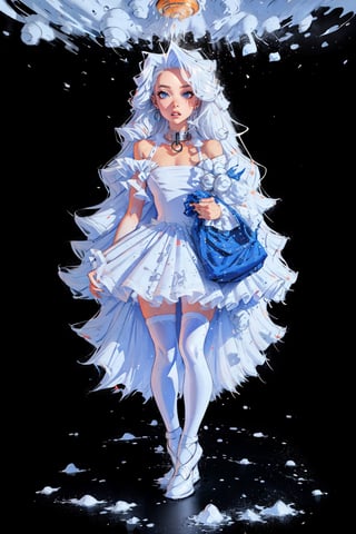 1girl, long hair, long curly white hair, ball white gown, big white sneakers, massive dog collar, fishnet white stockings, parted hair, wavy hair, pale skin, light blue eyes, frills, short dress, bags under eyes, Smokey eyes, white makeup, sweaty face makeup, simle background, :3, full body, standing,highres,SAM YANG,Ballet_tutu,metal collar