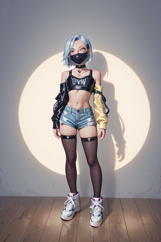 Score_9_up,Score_8_up, Score_7_up, 1girl 20 years old, short bob, light blue hair, pale skin, light green eyes, denim blue shorts, checkered red wool blouse, medical black mask on her face, white sneakers, very wide black fishnet stockings,  bags under eyes, evening, :3, full body, standing,highres, 
,DonMN1gh7XL ,disney pixar style,csr style,Expressiveh,baby,donmcr33pyn1ghtm4r3xl  ,shadow, massive leather collar, otaku room, streamer,future0614,dark fantasy,dark anime