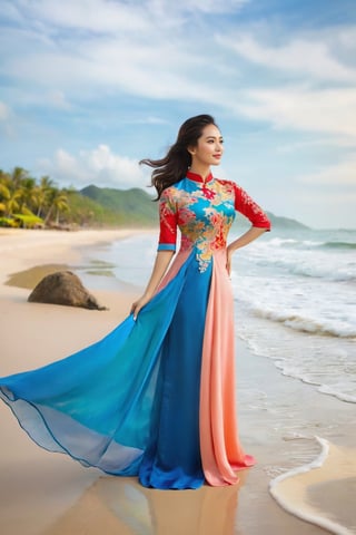 The image showcases a picturesque scene at the beach of a luxurious resort. Standing gracefully in the soft sand is a beautiful Vietnamese girl dressed in an elegant Ao Dai, the traditional Vietnamese attire known for its long, flowing gown and delicate design. The vibrant colors of her Ao Dai reflect the charm and grace of her culture. With the waves gently caressing the shore in the background, the girl exudes an aura of serenity and tranquility. The perspective of the photo, taken from a flycam view, captures the breathtaking beauty of the beach as well as the girl's elegance and charm. Despite not being able to provide an actual image, this description should help you visualize the imagined scene.