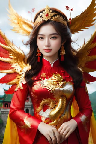 An Vietnamese Angel in white Ao Dai, covered with golden dragon armor, her wings is red phoenix wing. She is looking at the camera, high resolution and hyper realistic. Cloudy background with a heaven castle