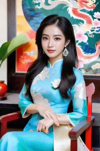 A lovely Vietnamese girl sits in a chair, wearing a traditional ao dai dress and holding a flower and woddeen fan. Her long black hair and elegant earrings add to her beauty. In the background, a dragon paintings can be seen. This photo is from the R4W exhibition.The girl's serene expression and graceful posture exude a sense of timeless elegance, capturing the essence of Vietnamese culture and tradition. As she gazes into the distance, her eyes seem to hold a world of wisdom and grace, reflecting the rich heritage of her homeland. The delicate embroidery of her ao dai and the intricate details of the dragon motif in the background speak to the artistry and symbolism deeply woven into Vietnamese customs. This captivating image invites viewers to delve into the enchanting tapestry of Vietnam's history and folklore, where every detail tells a story of resilience, beauty, and enduring spirit.,more detail XL,snowing.,beauty