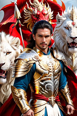 Warrior with handsome face, golden amor, lion shield, silver long bow and arrow. Standing in the battle, war crying, his solders behind him. His pet is a white lion and a red dragon,r4w photo