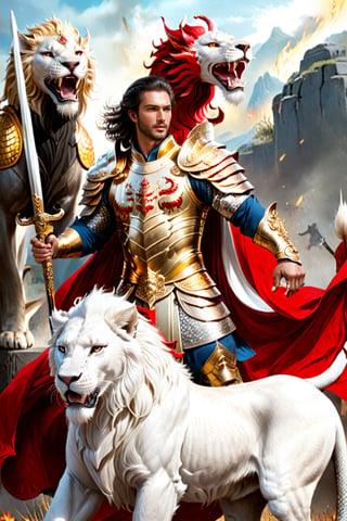 Warrior with handsome face, golden amor, lion shield, silver long sword. Standing in the battle, war crying, his solders behind him. His pet is a white lion and a red dragon