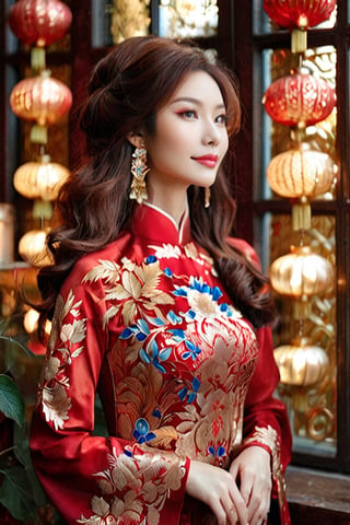 Masterpiece image of a beautiful vietnamese girl in red ao dai,flower and phoenix pattern, chestnut brown hair that cascades down her shoulders, embellished with a golden hairpiece resembling leaves and berries. (divine proportion), non-douche smile. Her eyes should be a striking blue, large and expressive, framed with long, delicate lashes. Her attire is a richly detailed armor with ornate, golden filigree designs, featuring intricate patterns and embedded with sapphire-like gemstones. The character is poised elegantly, exuding a noble aura, with soft light filtering through a stained glass window casting warm hues around her. Her expression is serene and composed, with a slight blush on her cheeks and a faint smile on her lips. The background is a grand, medieval library with rows of ancient books and flickering candles, creating an atmosphere of old-world charm and mystique. by Skyrn99, full body, (((rule of thirds))), high quality, high detail, high resolution, (bokeh:2), backlight