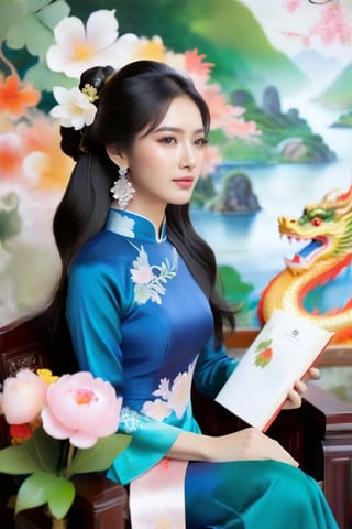 A lone Vietnamese girl sits in a chair, wearing a traditional ao dai dress and holding a flower and book. Her long black hair and elegant earrings add to her beauty. In the background, a dragon can be seen. This photo is from the R4W exhibition.The girl's serene expression and graceful posture exude a sense of timeless elegance, capturing the essence of Vietnamese culture and tradition. As she gazes into the distance, her eyes seem to hold a world of wisdom and grace, reflecting the rich heritage of her homeland. The delicate embroidery of her ao dai and the intricate details of the dragon motif in the background speak to the artistry and symbolism deeply woven into Vietnamese customs. This captivating image invites viewers to delve into the enchanting tapestry of Vietnam's history and folklore, where every detail tells a story of resilience, beauty, and enduring spirit.,more detail XL,snowing.
