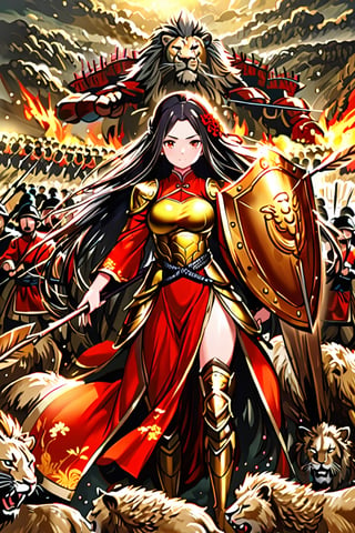 Vietnamese beautiful female warrior with a cute face, short black hair, golden armor, black dragon Ao Dai, lion shield, silver long bow, and arrow, standing in the midst of battle, war crying, with his soldiers behind him. Her companions include a white lion and a red dragon.